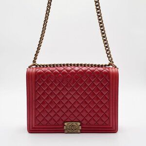 Pre-owned CHANEL Red Leather Quilted Boy Flap Bag Large